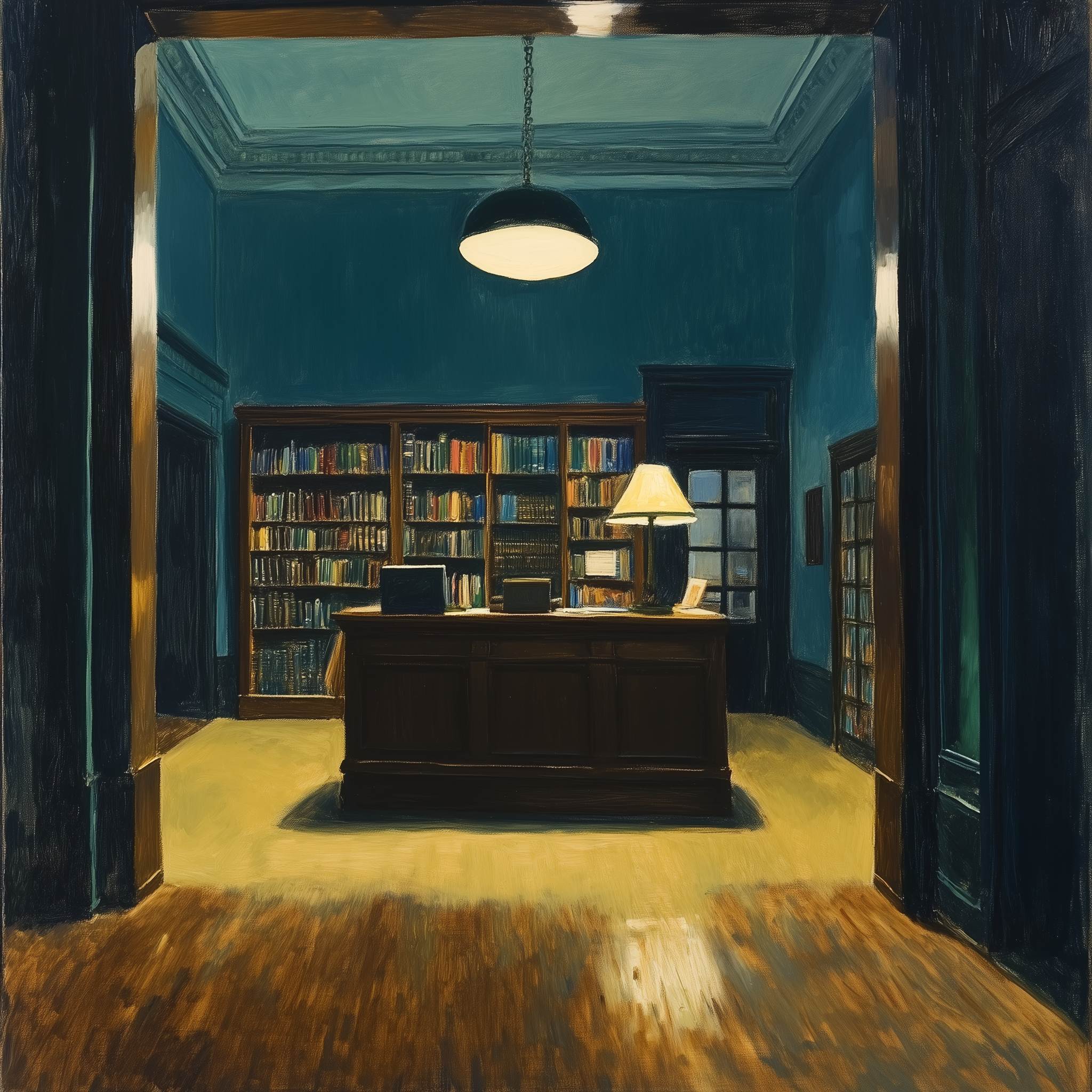 Edward Hopper style painting of a library with teal walls